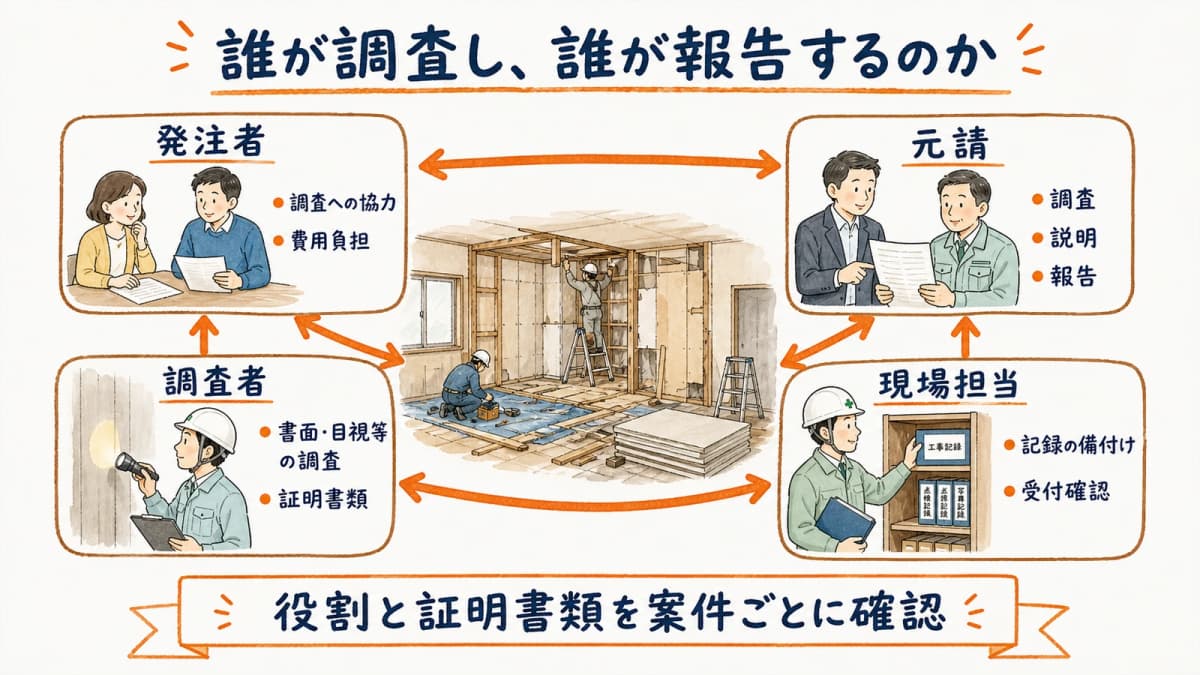 発注者・元請・調査者・現場担当が担う石綿事前調査と報告の役割図