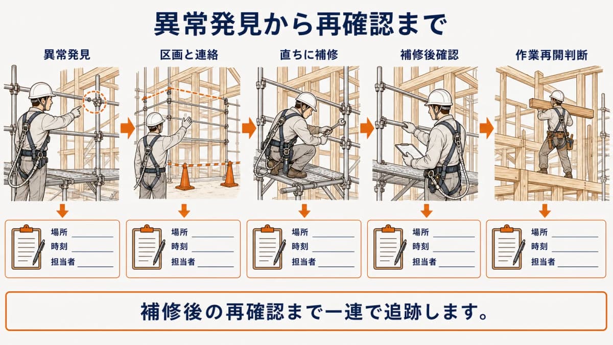 足場の異常発見から補修・再確認までの流れ