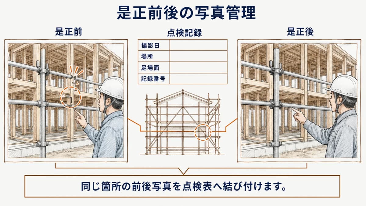 足場の是正前後写真と点検記録の対応例