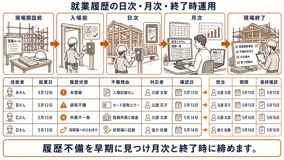 入場前・日次・月次・現場終了の運用と就業履歴不備台帳をまとめた図