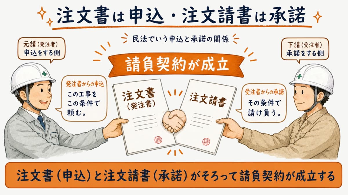 注文書は申込・注文請書は承諾にあたり両方がそろって請負契約が成立する関係図