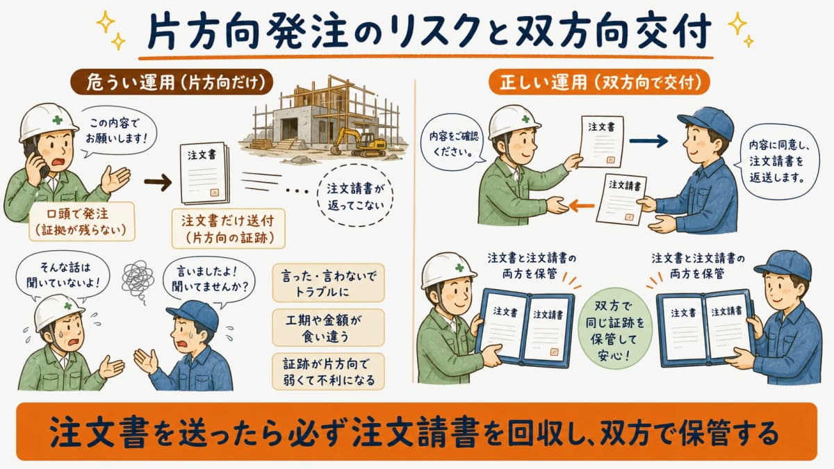 注文書のみ・口頭発注のリスクと双方向の書面交付の重要性を示す図