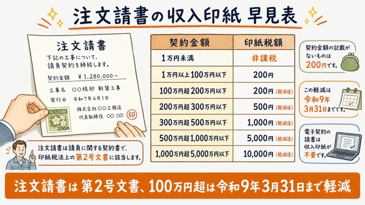 注文請書は第2号文書で契約金額別に収入印紙が必要(令和9年3月末まで軽減)を示す早見表図