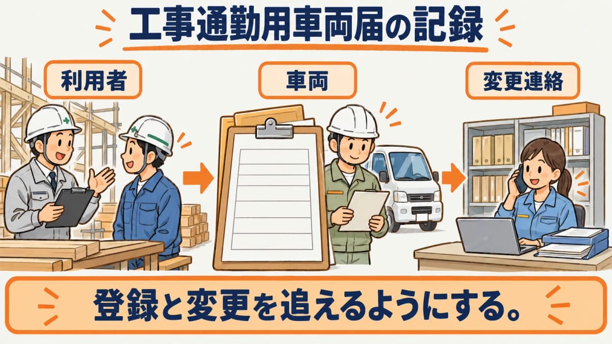 工事通勤用車両届の準備情報をそろえる現場の図