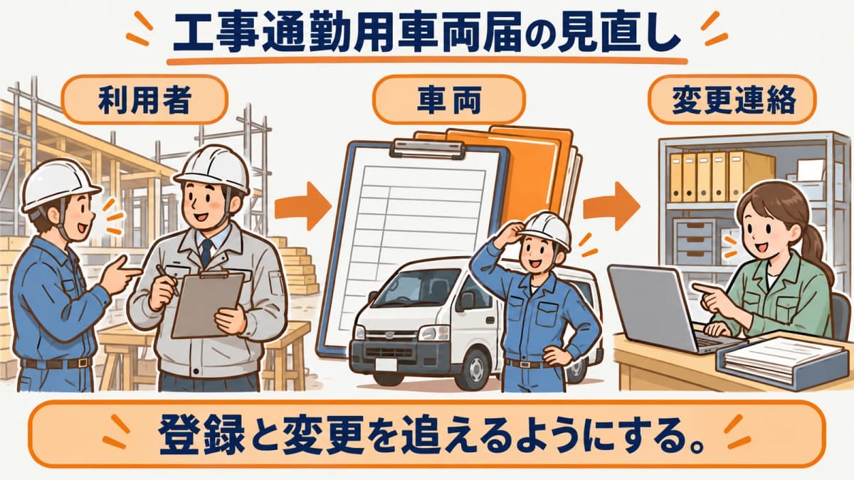 工事通勤用車両届を工事別に保管して引き継ぐ図