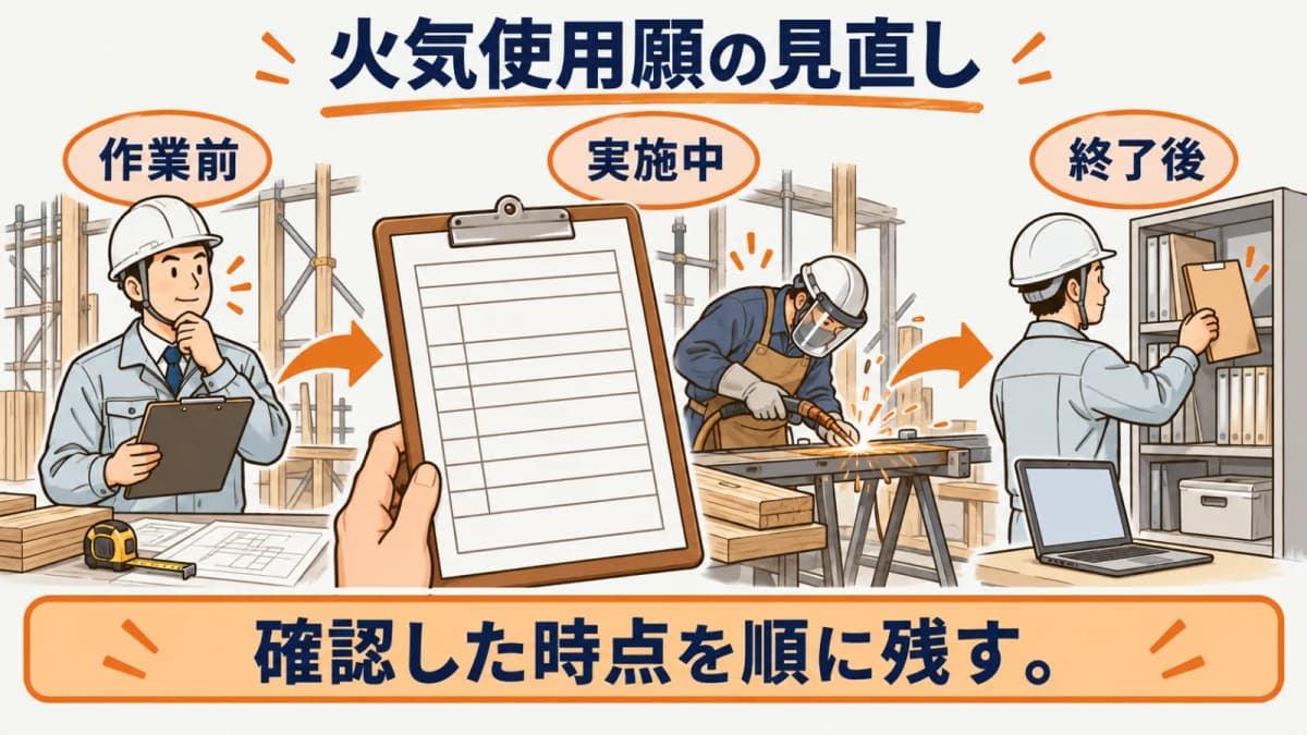火気使用願を工事別に保管して引き継ぐ図