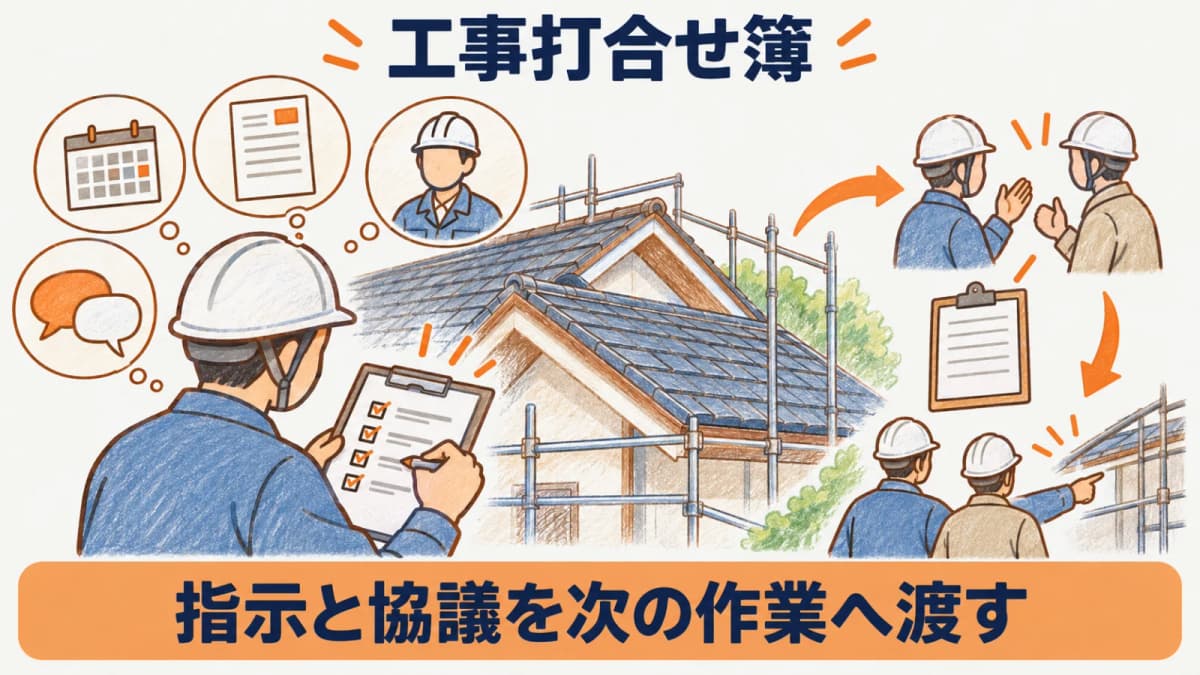 日付案件相手論点をそろえて工事打合せ簿を書く図