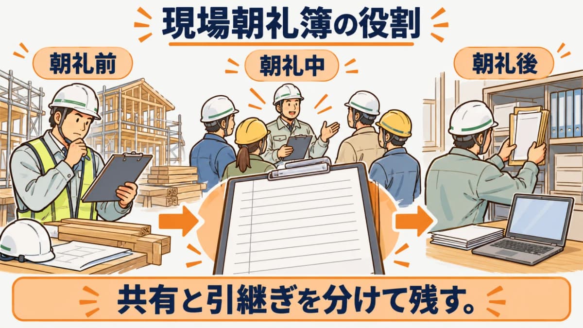 現場朝礼簿の役割と確認項目を整理する図
