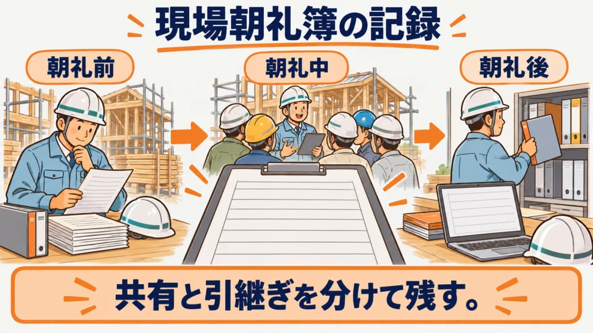 現場朝礼簿の準備情報をそろえる現場の図