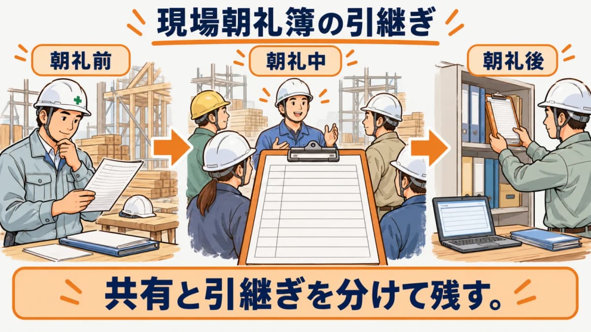 現場朝礼簿の記録と確認者を結び付ける図