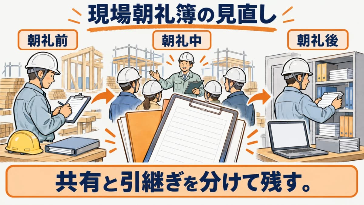 現場朝礼簿を工事別に保管して引き継ぐ図