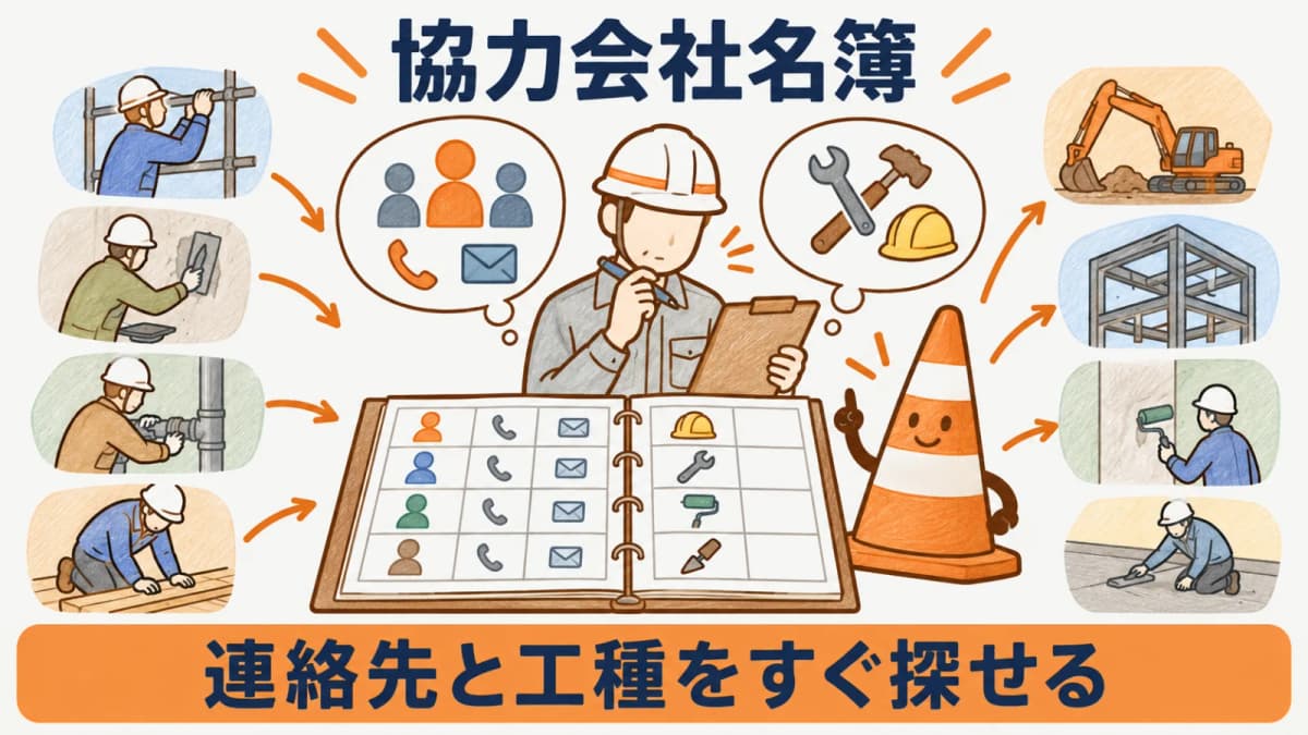 連絡先と担当工種を協力会社名簿にそろえる図