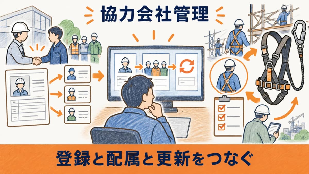 協力会社の登録配属更新を一続きに整理する図