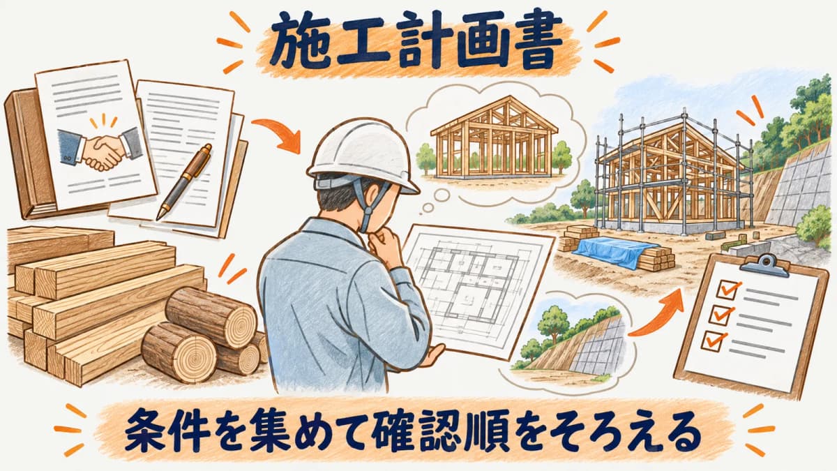 契約図面と現場条件を施工計画書へ集める場面