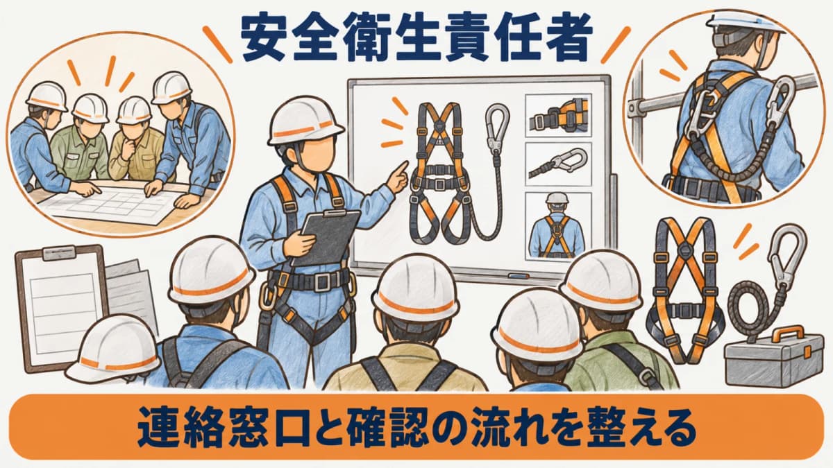 朝礼で安全衛生の役割表を確認する建設現場