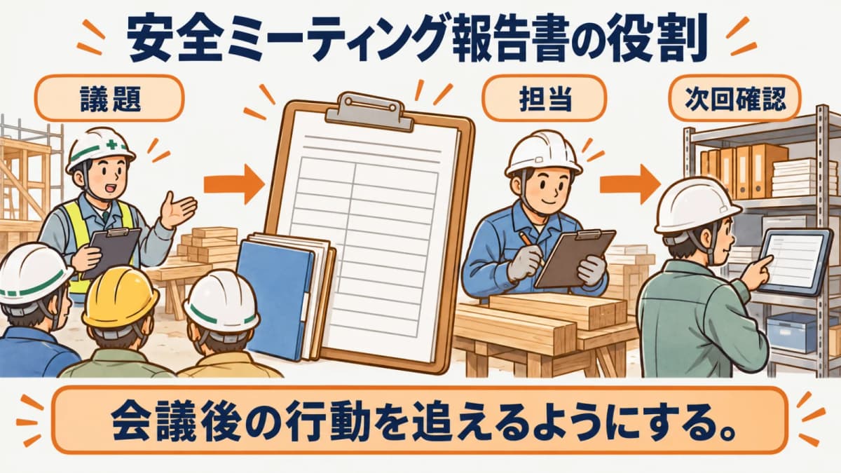 安全ミーティング報告書の役割と確認項目を整理する図