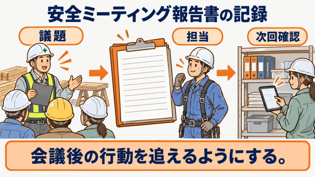 安全ミーティング報告書の準備情報をそろえる現場の図