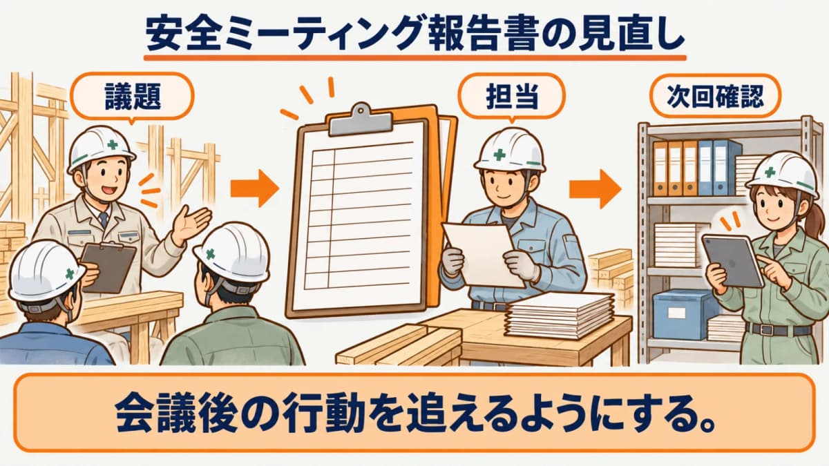 安全ミーティング報告書を工事別に保管して引き継ぐ図