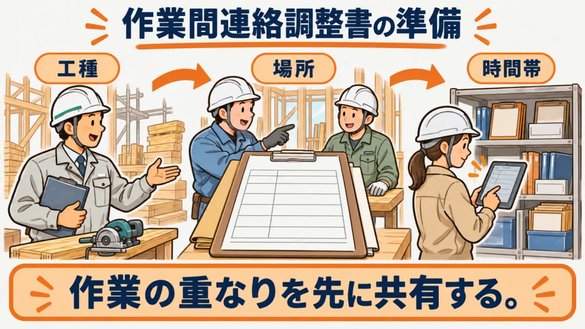 作業間連絡調整書の早見表から確認順を読み取る図