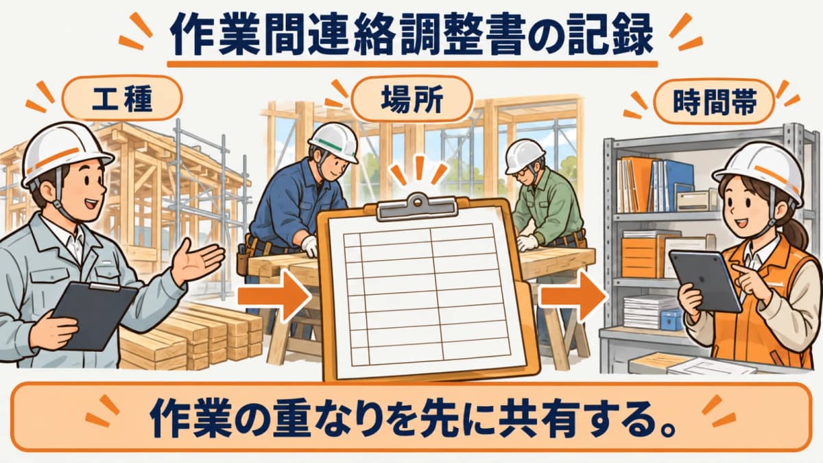 作業間連絡調整書の準備情報をそろえる現場の図