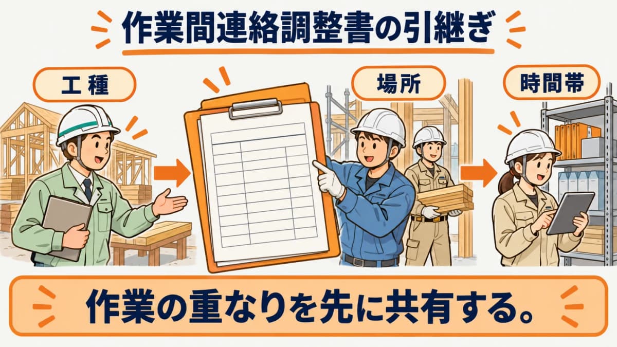 作業間連絡調整書の記録と確認者を結び付ける図