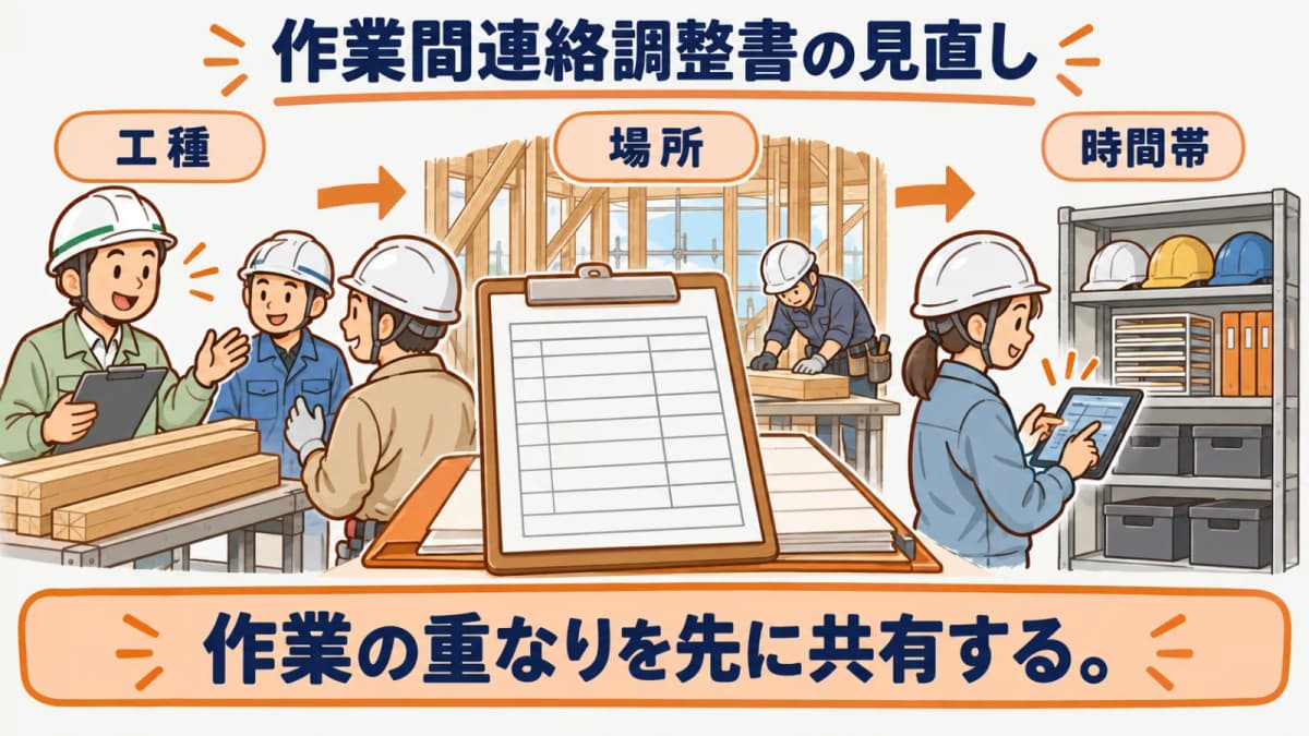 作業間連絡調整書を工事別に保管して引き継ぐ図