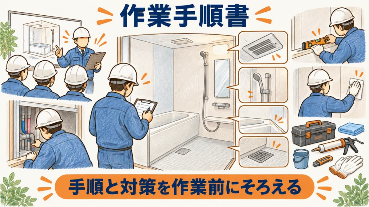 朝礼で作業手順書を共有する建設現場