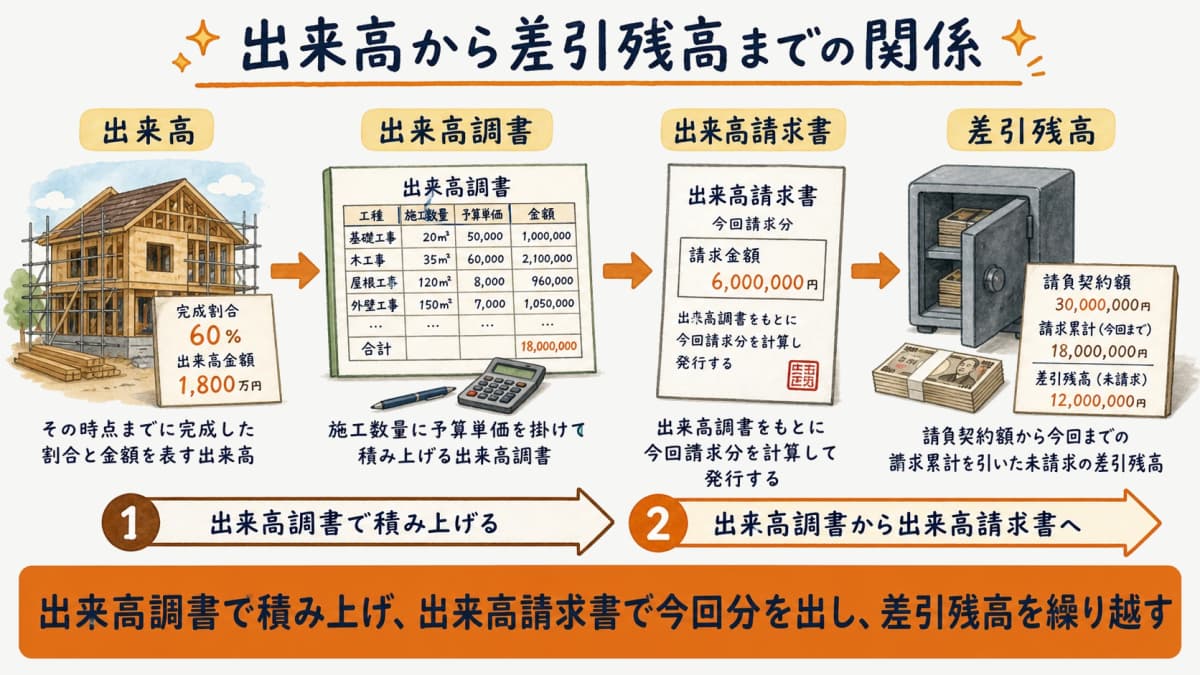 出来高・出来高調書・出来高請求書・差引残高の関係を整理した図