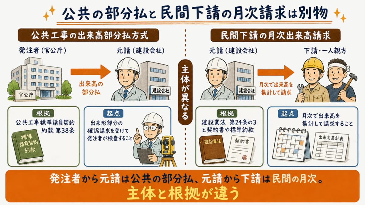 公共工事の出来高部分払方式と民間下請の月次出来高請求で主体が異なることを示す図