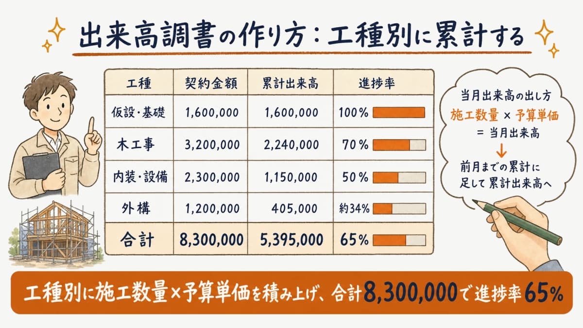 工種別に施工数量と予算単価から累計出来高と進捗率を積み上げる出来高調書の作り方の図
