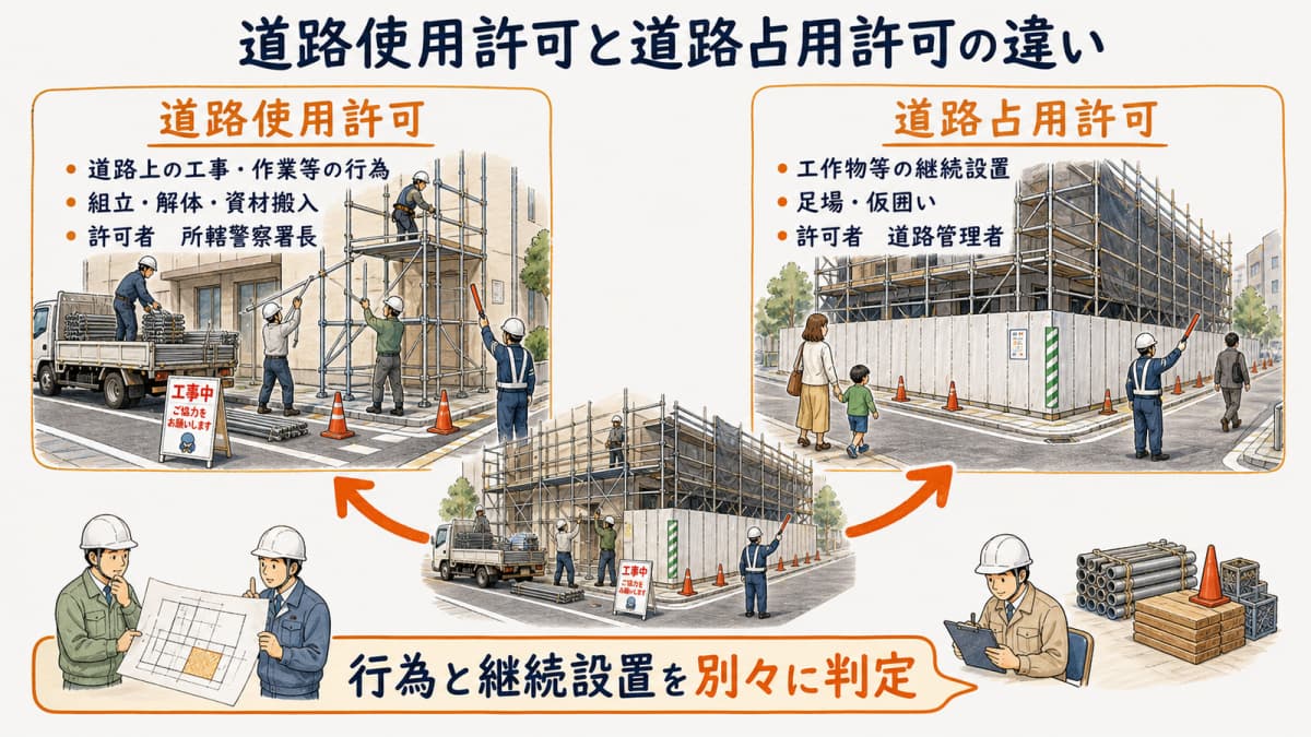 道路上の工事・作業と工作物の継続設置を分ける2軸判定図