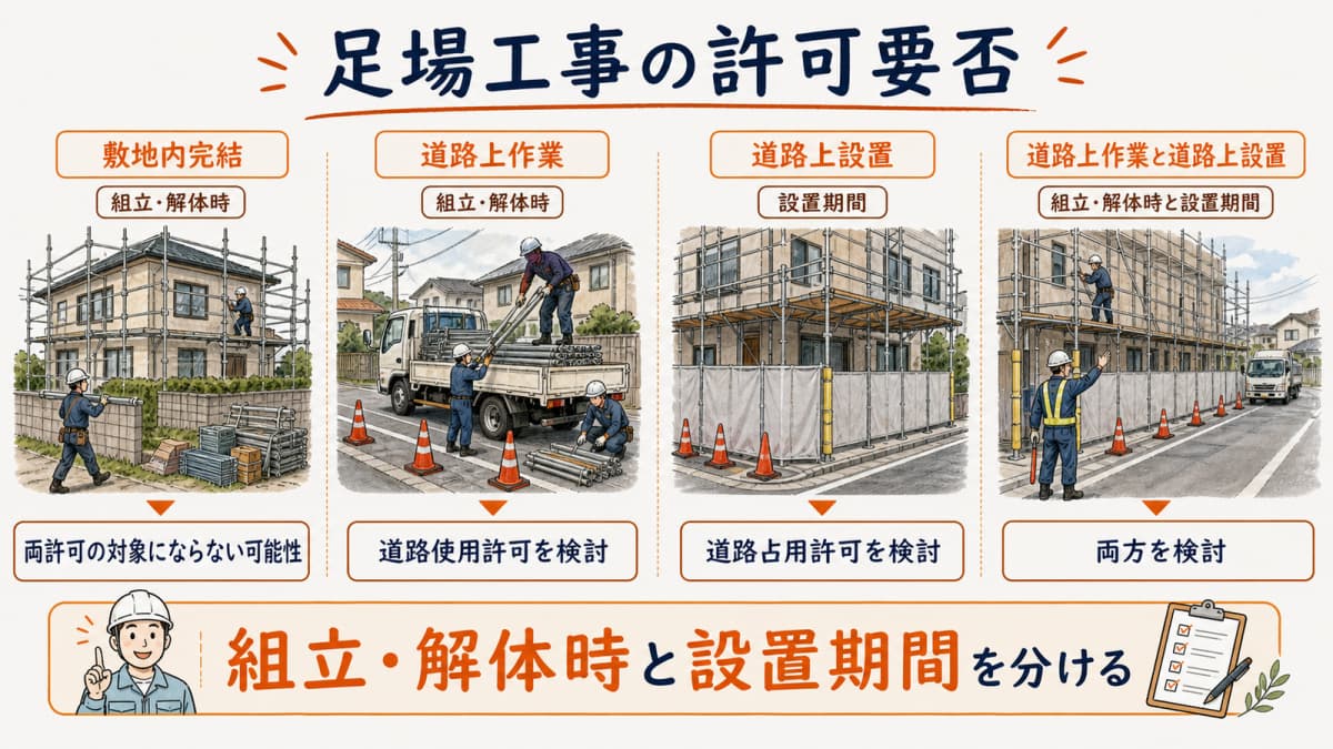 敷地内完結・道路上作業・道路上設置を比較するケース表