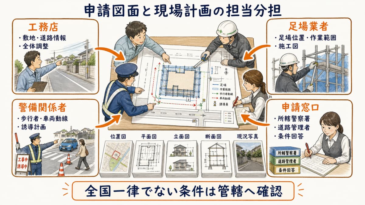 工務店・足場業者・警備関係者・申請窓口の担当分担表