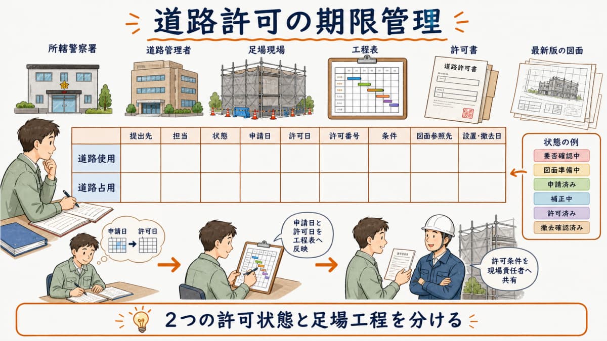 提出先・担当・申請日・許可日・設置撤去日を並べる期限管理例