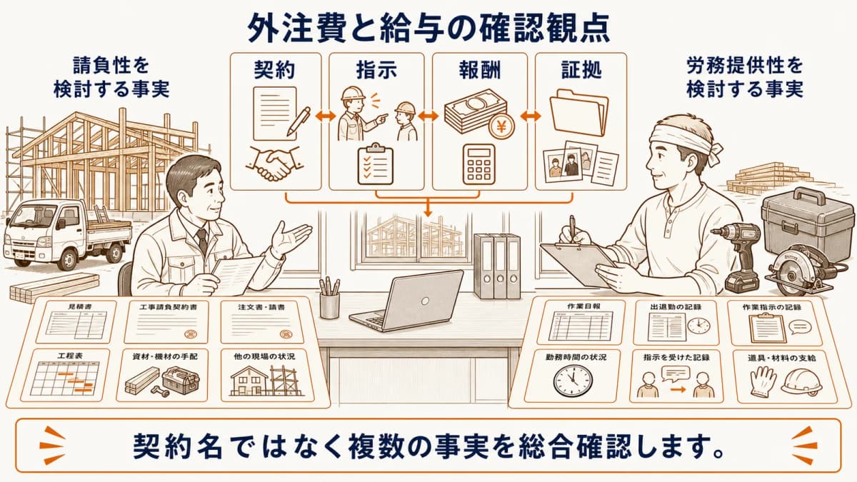 外注費と給与を契約・指示・報酬・証拠で比較する図