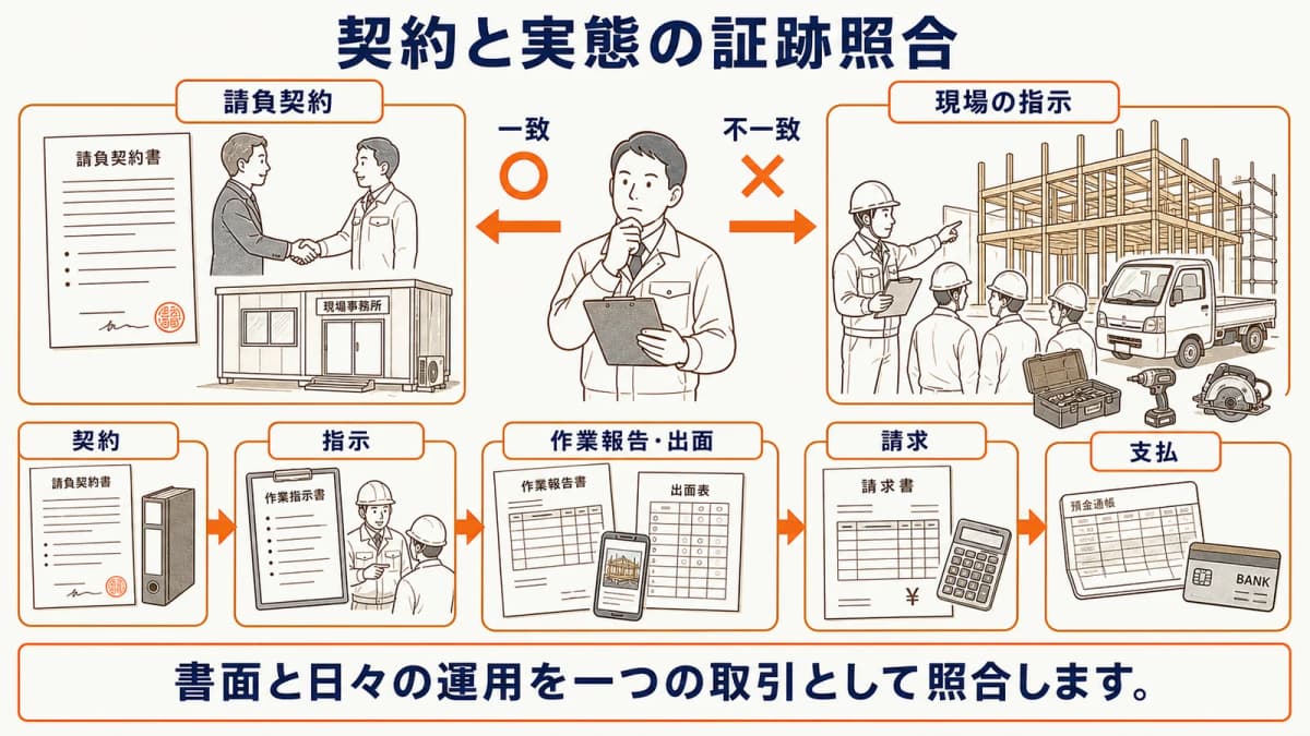 契約と実態の照合に証拠マップを組み合わせた図