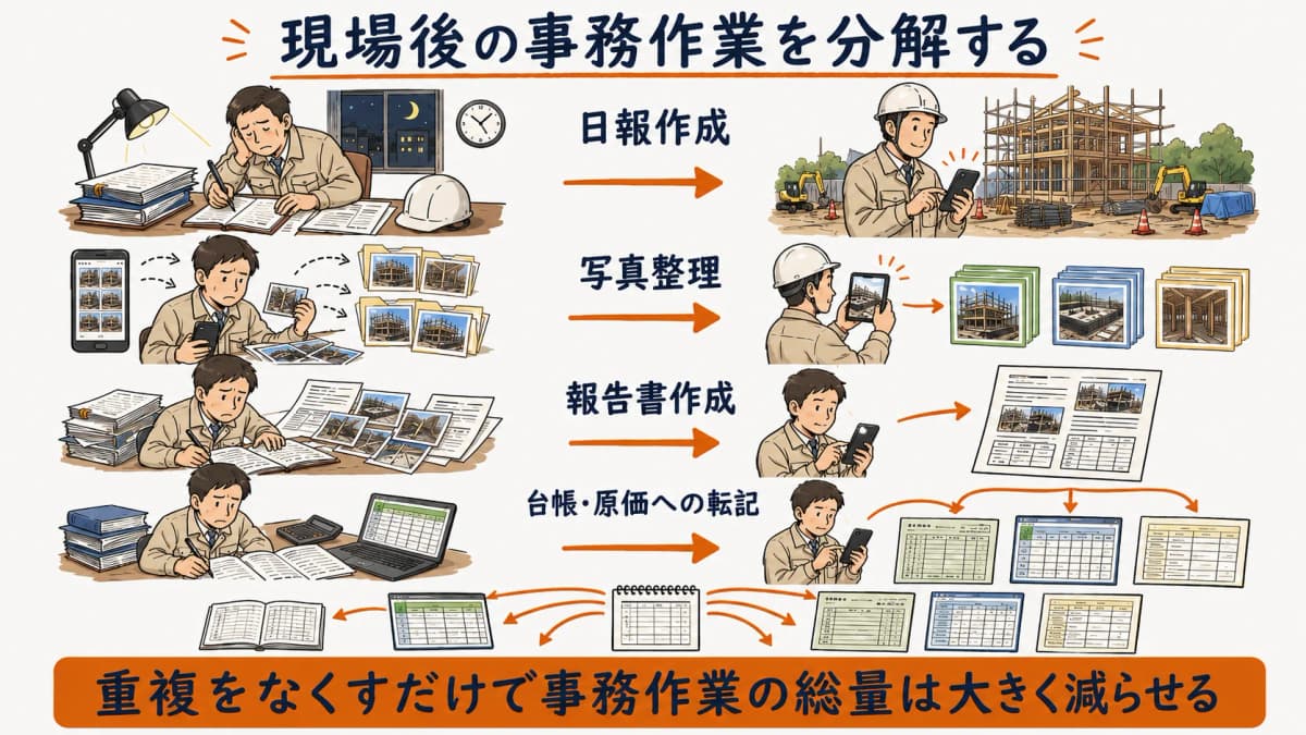 現場後の事務作業の内訳と削減ポイント