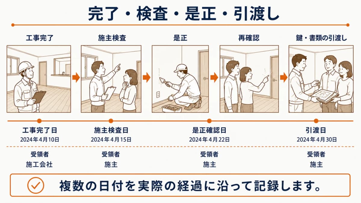 工事完了・施主検査・是正確認・引渡しの日付線