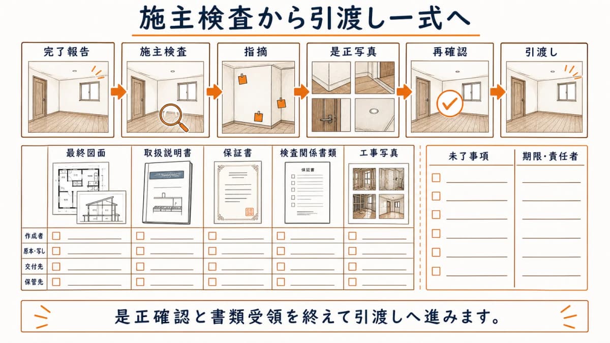 施主検査から是正・再確認と書類交付までをまとめた図