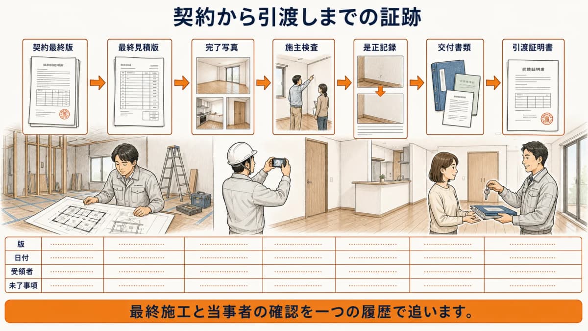 契約最終版から完了写真・検査・是正・引渡しへの証跡チェーン