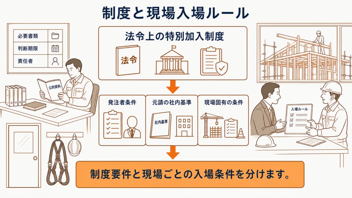 法令上の制度と発注者・元請の現場入場ルールの二層図