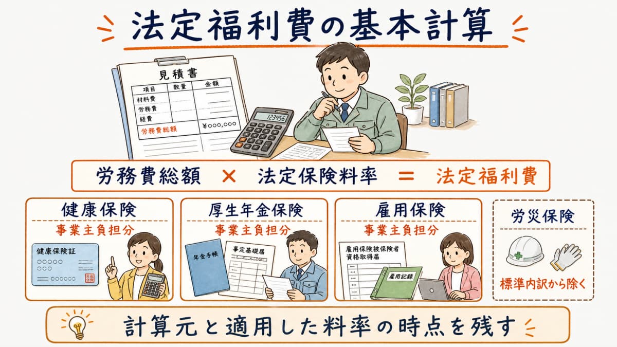 労務費総額に法定保険料率を掛けて法定福利費を算出する全体式