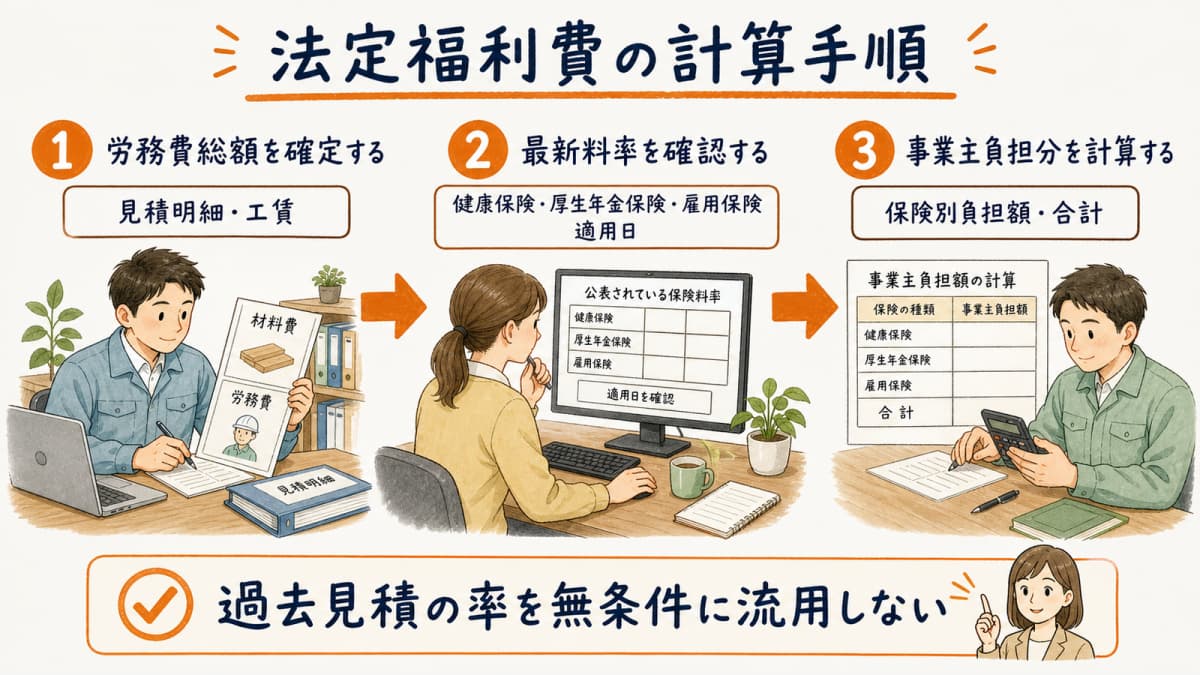 見積明細の労務費総額に最新の法定保険料率を適用する計算フロー
