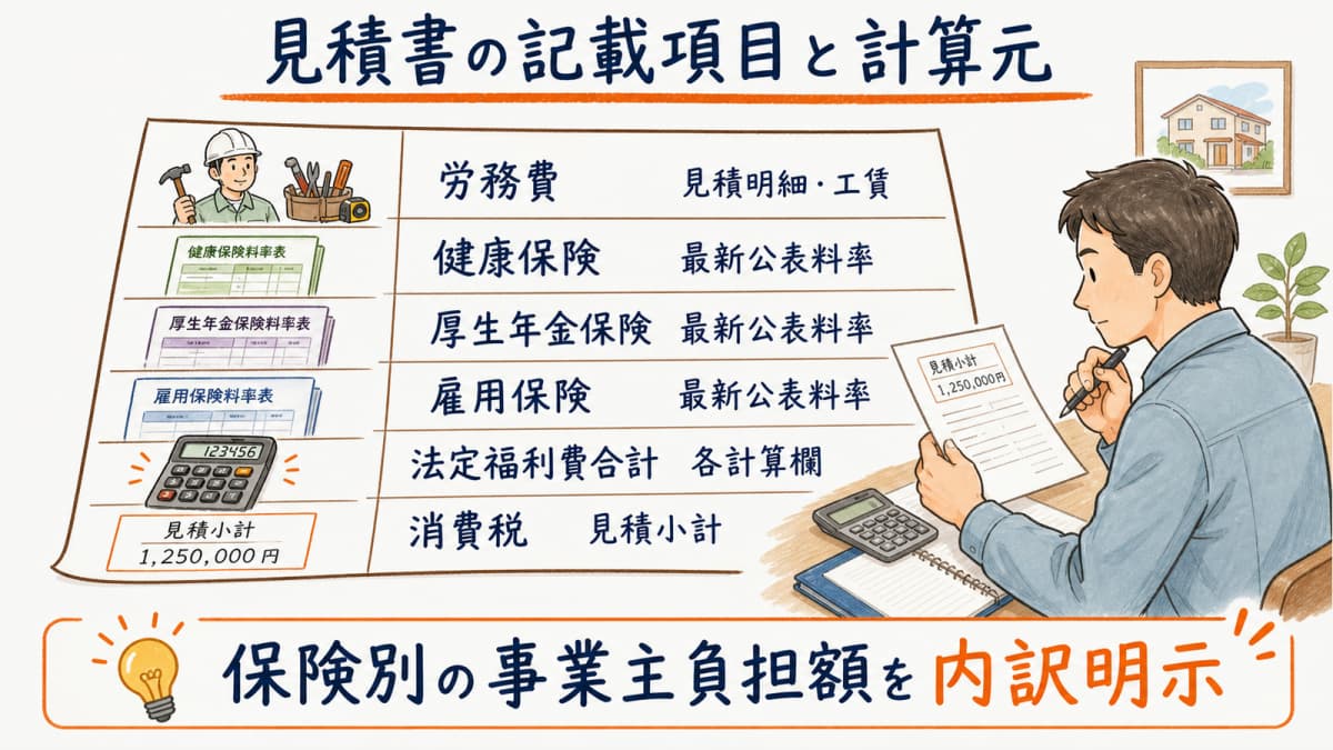 見積書の労務費・保険別事業主負担額・消費税の対応図