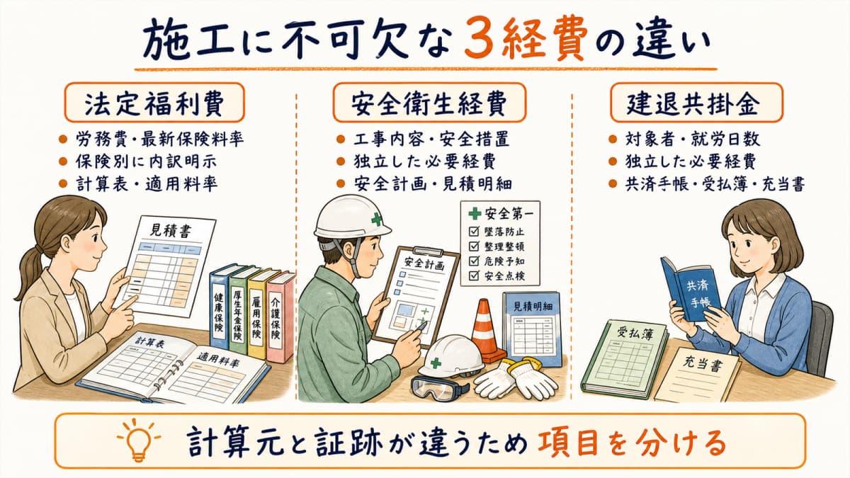 法定福利費・安全衛生経費・建退共掛金を比較する表