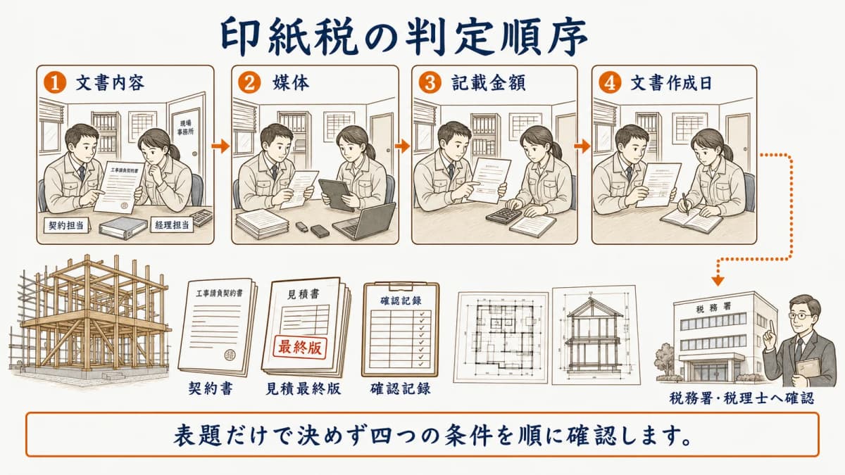 文書内容・媒体・記載金額・作成日で印紙税を判定する流れ