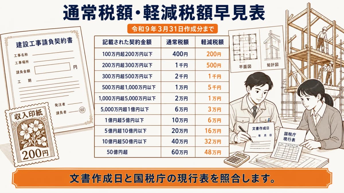 建設工事請負契約書の通常税額・軽減税額早見表