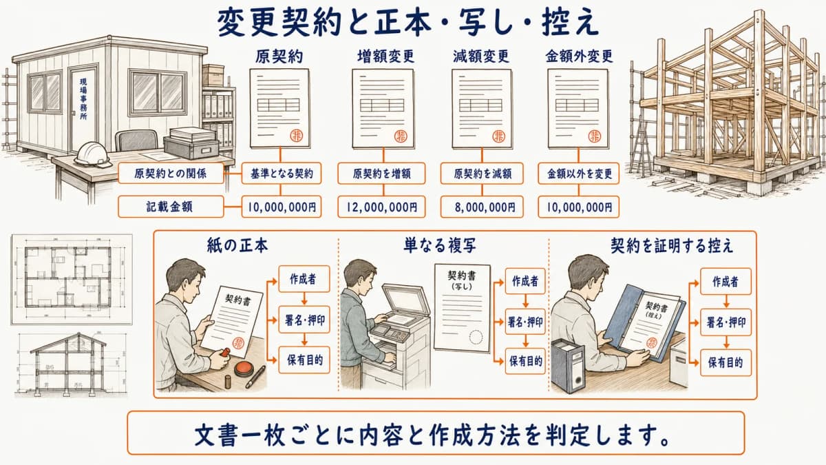 原契約・変更契約と正本・写し・控えの確認をまとめた図
