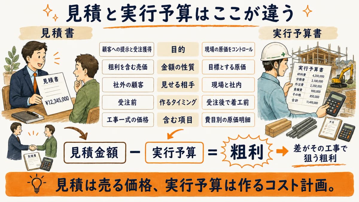 見積と実行予算の違いを示す比較図