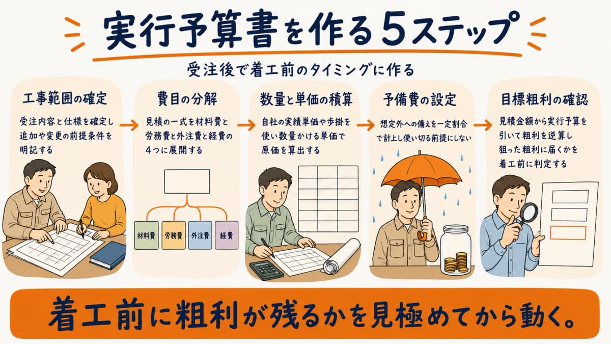 実行予算書を作る5ステップの流れ図